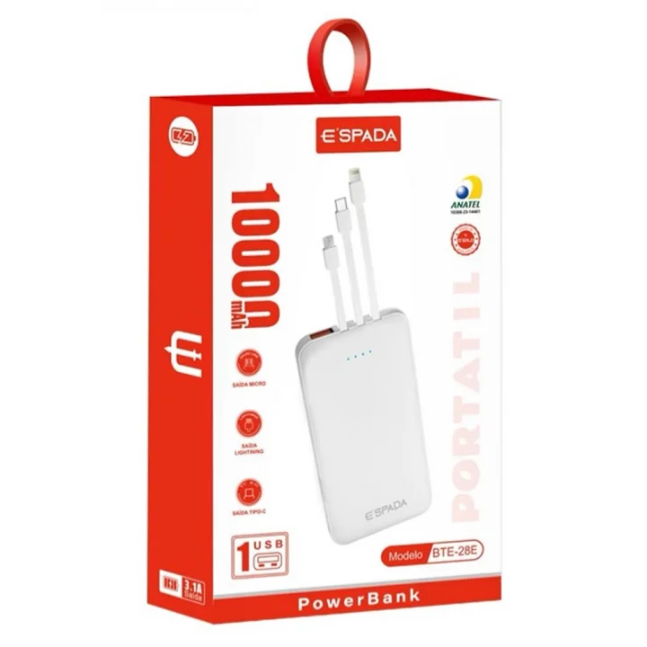 Carregador Power Bank 10000Mah E'Spada, Branco -  BTE-28E