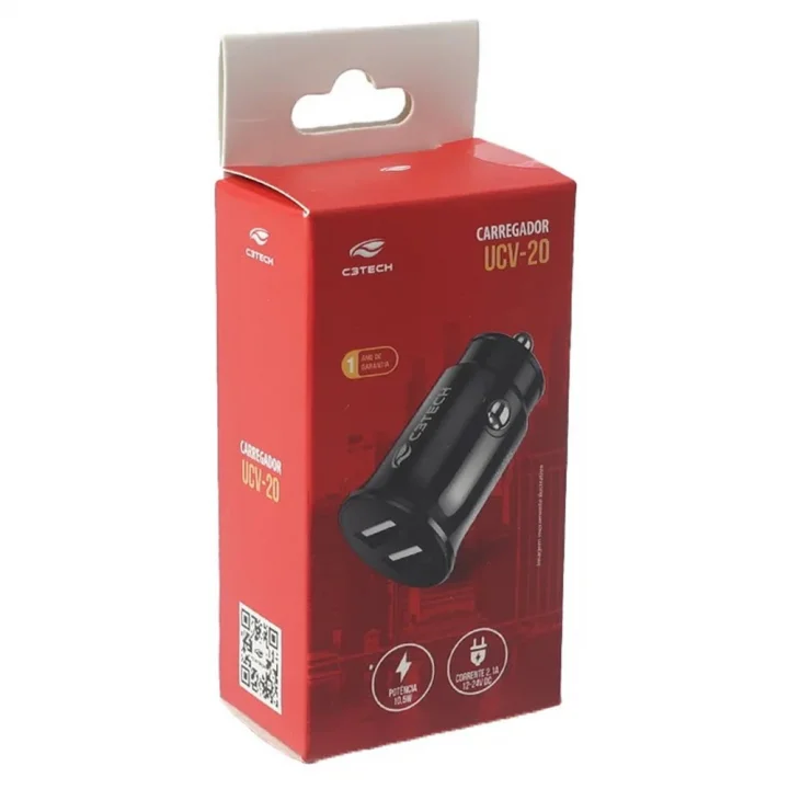 Carregador Veicular C3Tech, Com 2 Saída USB, Preto - UCV-20BK