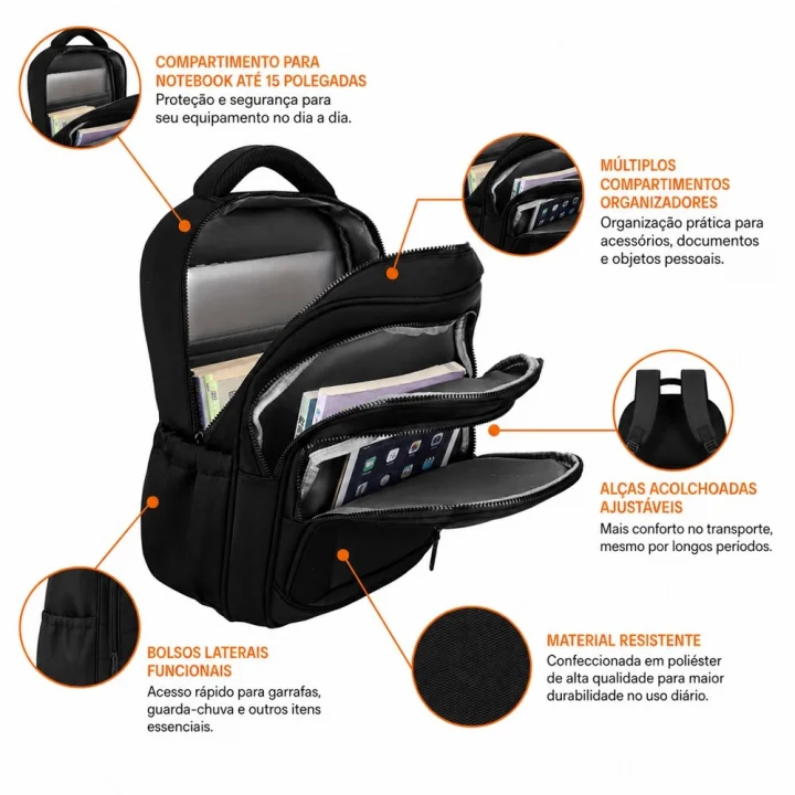 Mochila para Notebook Seanite 15" ML43662, Alça de Mão, Preta