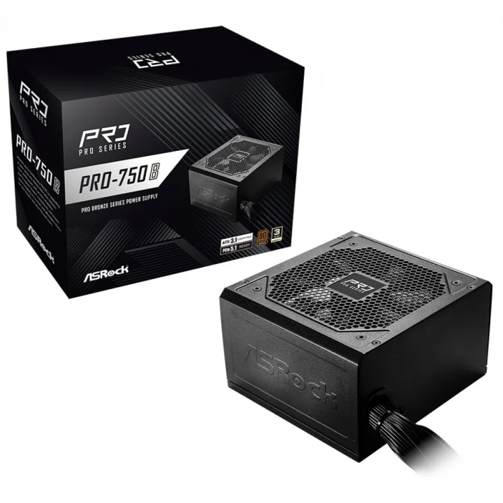 Fonte ASRock Pro, 750W, 80 Plus Bronze, ATX 3.1, PCIe 5.1, PFC Ativo, Preto - PRO-750B
