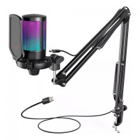 Microfone Gamer Fifine SuperFrame Edition Ampligame A6T Black, RGB, USB, Com Braço Articulado, Preto - A6T BLACK